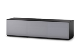 Sonorous STA 160T-BLK-GRY-BS stehende TV-Lowboard mit versteckten Rollen, schwarzer Korpus, obere Fläche, gehärtetem Schwarzglas und Klapptür mit grauem Akustikstoff -